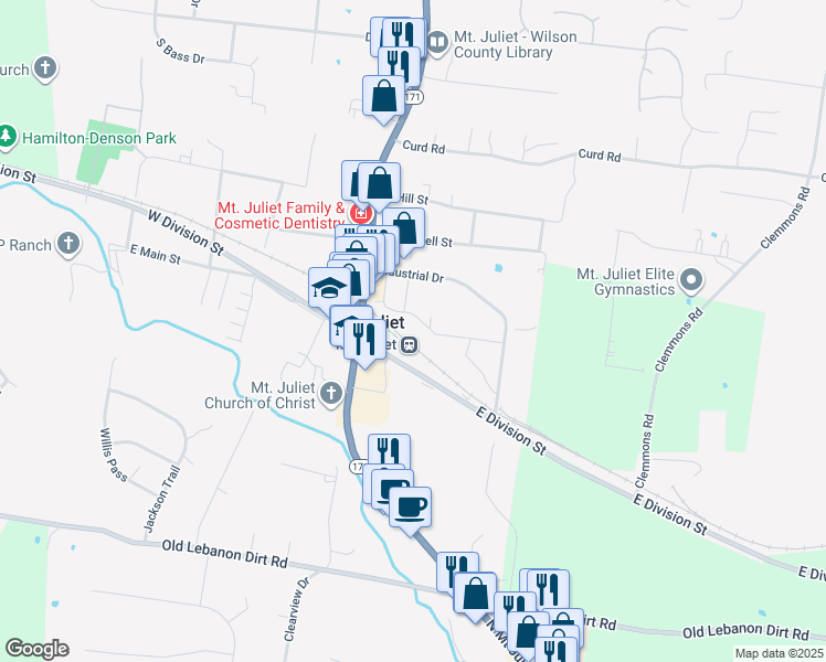 map of restaurants, bars, coffee shops, grocery stores, and more near 22 East Division Street in Mt. Juliet
