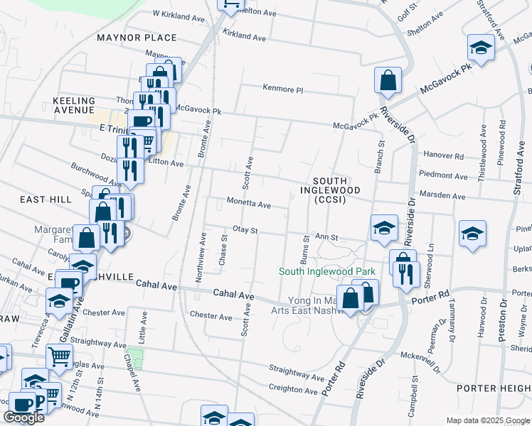 map of restaurants, bars, coffee shops, grocery stores, and more near 1413C Otay Street in Nashville