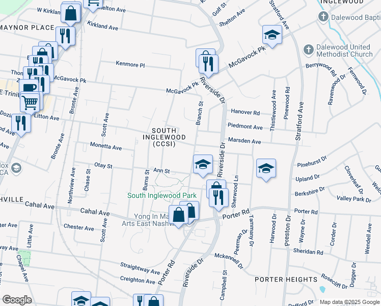 map of restaurants, bars, coffee shops, grocery stores, and more near 1804 Branch Street in Nashville