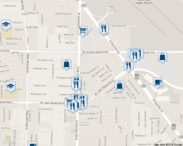 map of restaurants, bars, coffee shops, grocery stores, and more near 4513 West Bristol Manor Drive in Las Vegas