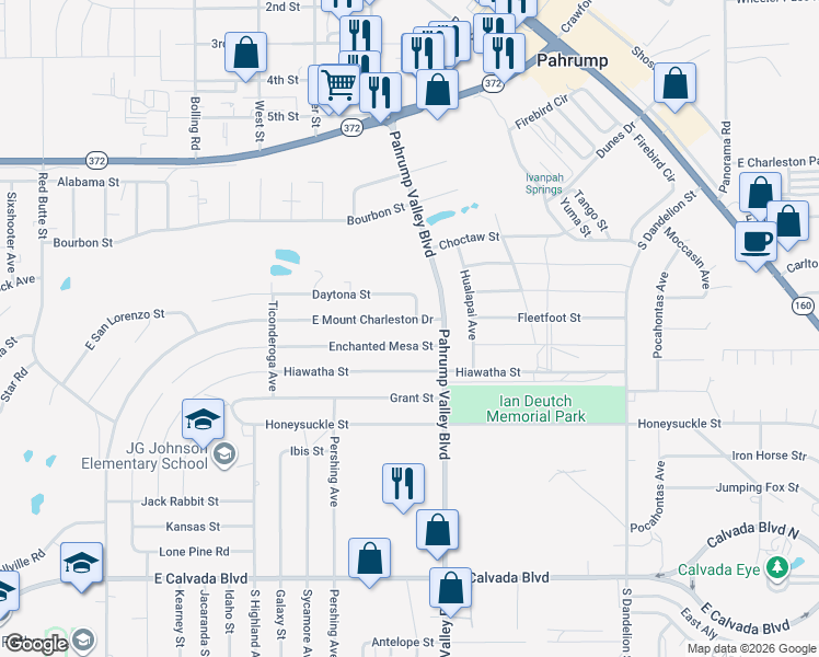 map of restaurants, bars, coffee shops, grocery stores, and more near 3900 Mount Charleston Drive in Pahrump