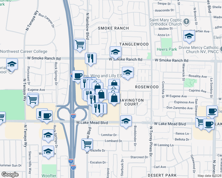 map of restaurants, bars, coffee shops, grocery stores, and more near 6573 Woodsworth Avenue in Las Vegas