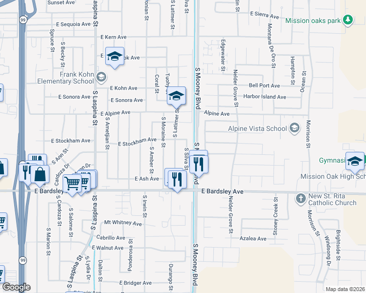 map of restaurants, bars, coffee shops, grocery stores, and more near 821 South Silva Street in Tulare