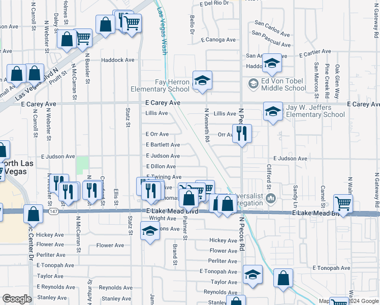 map of restaurants, bars, coffee shops, grocery stores, and more near 3324 Judson Avenue in North Las Vegas