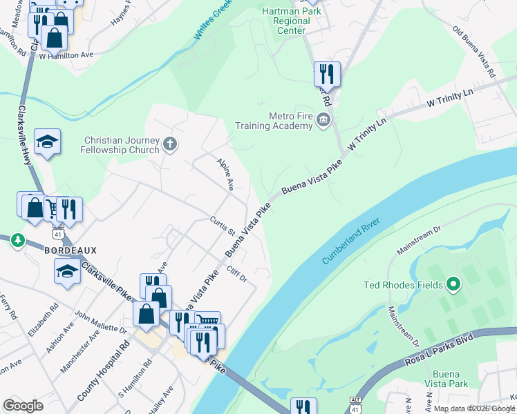 map of restaurants, bars, coffee shops, grocery stores, and more near 2313 Buena Vista Pike in Nashville