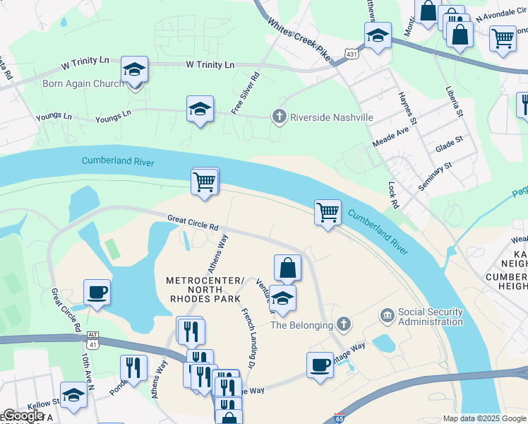 map of restaurants, bars, coffee shops, grocery stores, and more near 341 Great Circle Road in Nashville