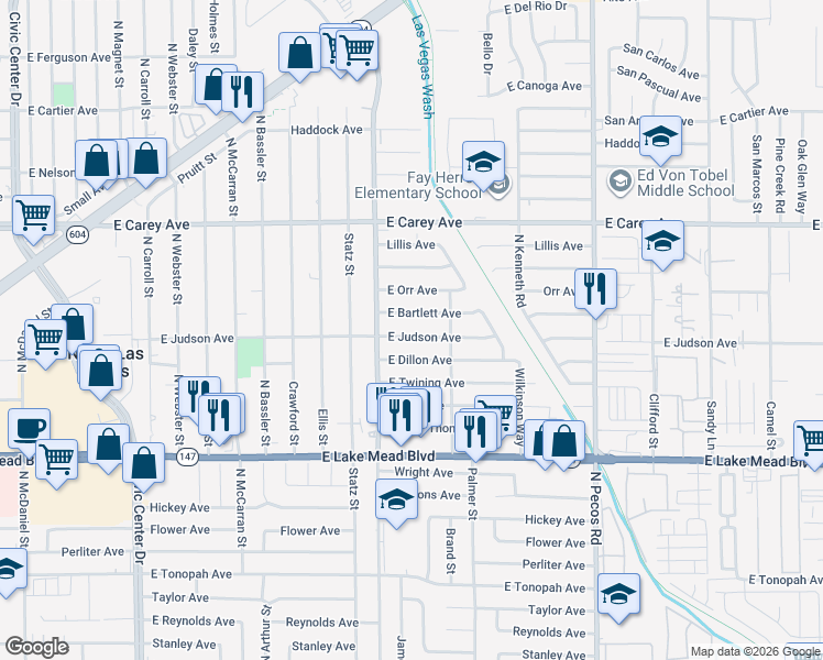 map of restaurants, bars, coffee shops, grocery stores, and more near 3108 East Judson Avenue in North Las Vegas