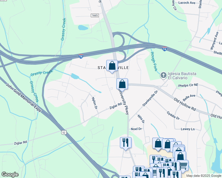 map of restaurants, bars, coffee shops, grocery stores, and more near 5725 Virginia Lake Road in Winston-Salem