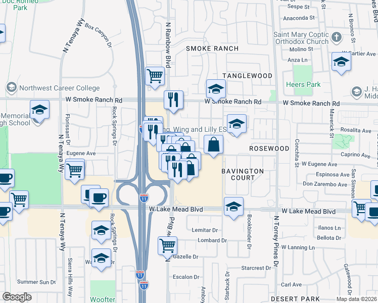 map of restaurants, bars, coffee shops, grocery stores, and more near 6617 Woodsworth Avenue in Las Vegas