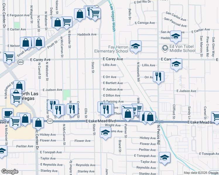 map of restaurants, bars, coffee shops, grocery stores, and more near 3108 East Judson Avenue in North Las Vegas