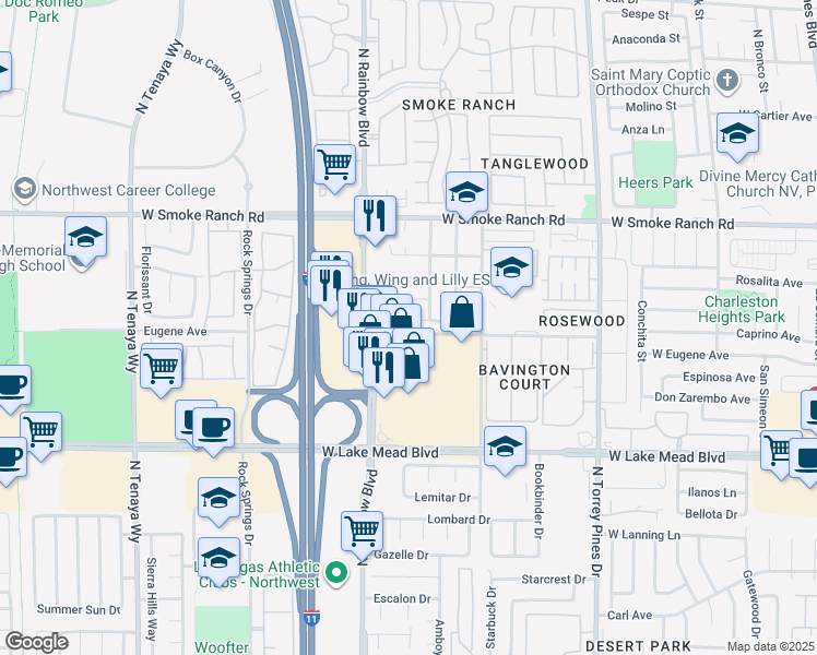 map of restaurants, bars, coffee shops, grocery stores, and more near 6617 Woodsworth Avenue in Las Vegas