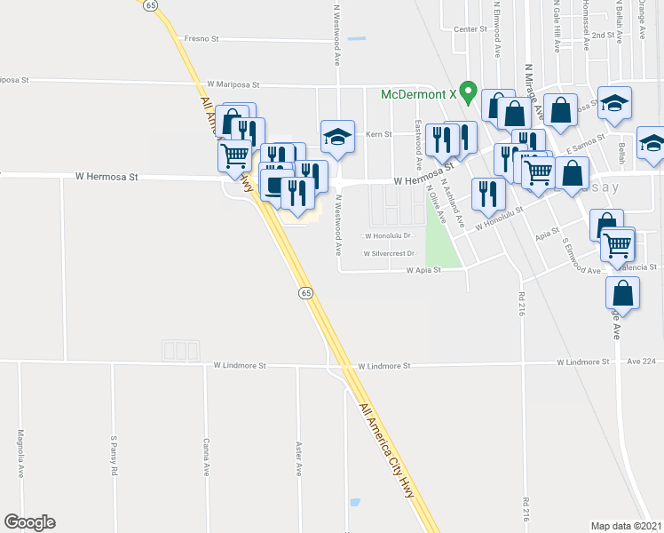 map of restaurants, bars, coffee shops, grocery stores, and more near 187 North Westwood Avenue in Lindsay
