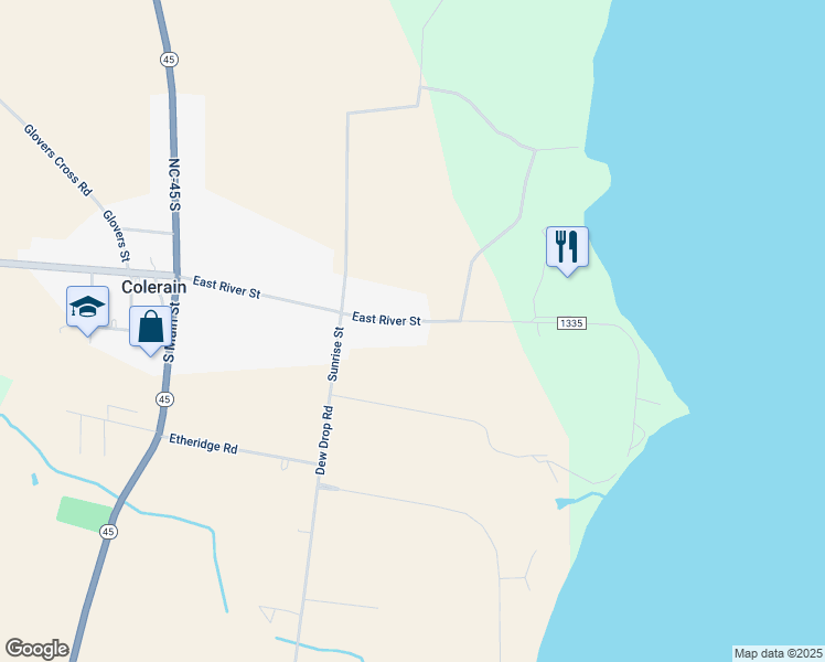 map of restaurants, bars, coffee shops, grocery stores, and more near 604 East River Street in Colerain