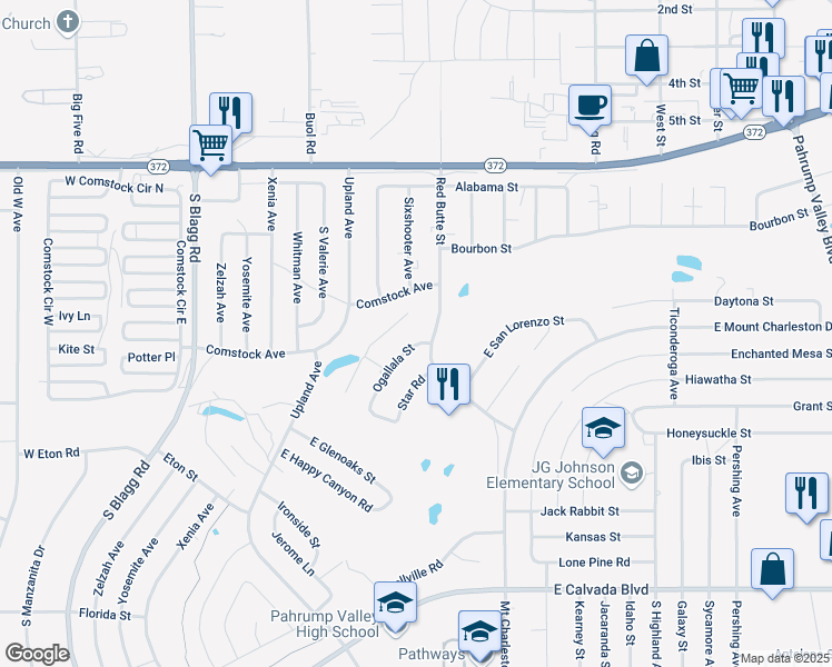 map of restaurants, bars, coffee shops, grocery stores, and more near 1361 Ogallala Street in Pahrump