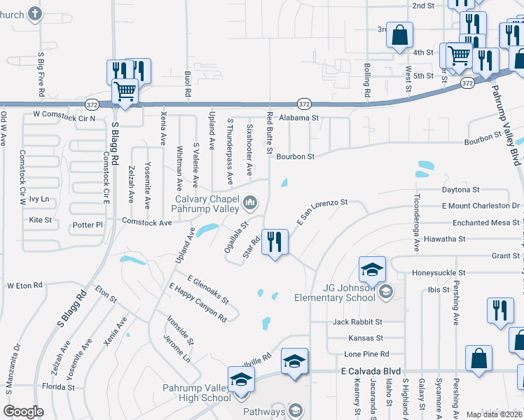 map of restaurants, bars, coffee shops, grocery stores, and more near 1361 Ogallala Street in Pahrump