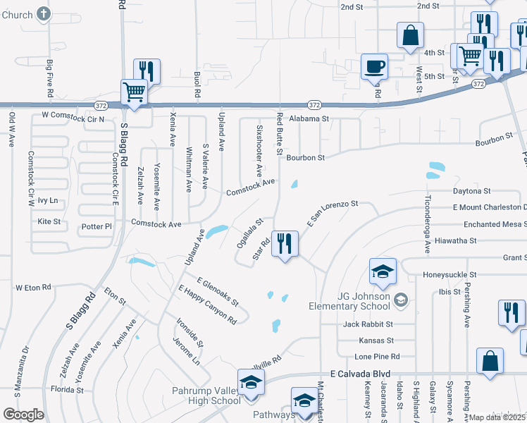 map of restaurants, bars, coffee shops, grocery stores, and more near 1370 Ogallala Street in Pahrump