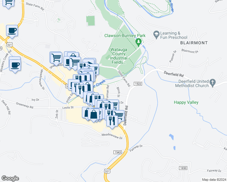 map of restaurants, bars, coffee shops, grocery stores, and more near 151 Kimberly Drive in Boone