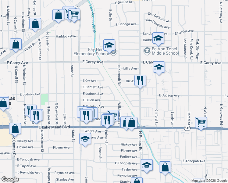 map of restaurants, bars, coffee shops, grocery stores, and more near 3405 Judson Avenue in North Las Vegas