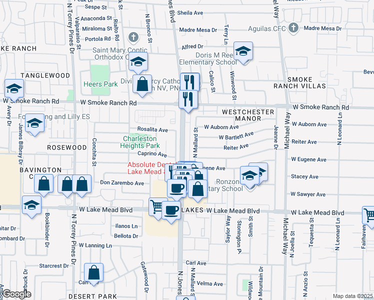 map of restaurants, bars, coffee shops, grocery stores, and more near 2201 La Sombra Street in Las Vegas