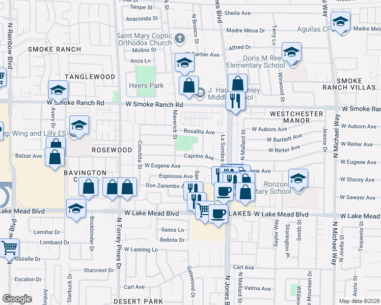 map of restaurants, bars, coffee shops, grocery stores, and more near 6201 Caprino Avenue in Las Vegas