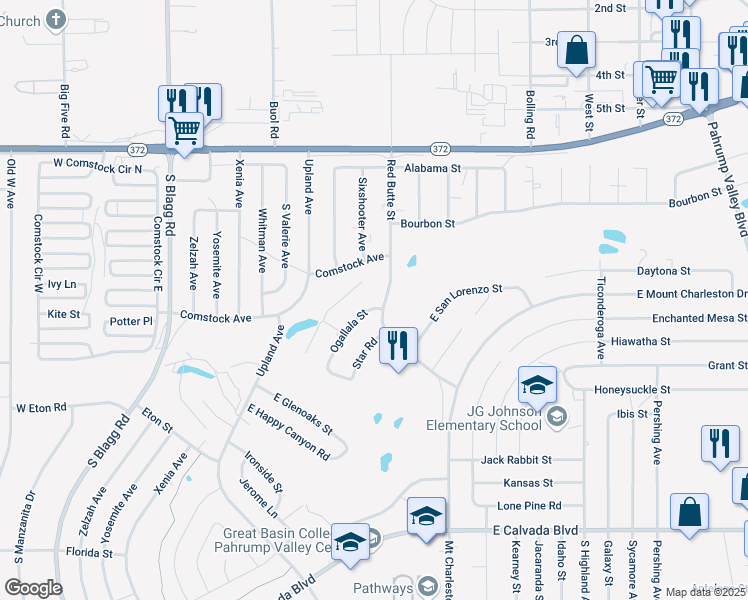 map of restaurants, bars, coffee shops, grocery stores, and more near 1361 Ogallala Street in Pahrump