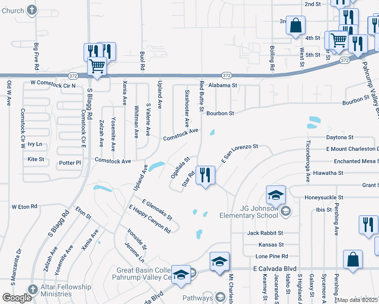 map of restaurants, bars, coffee shops, grocery stores, and more near 1361 Ogallala Street in Pahrump