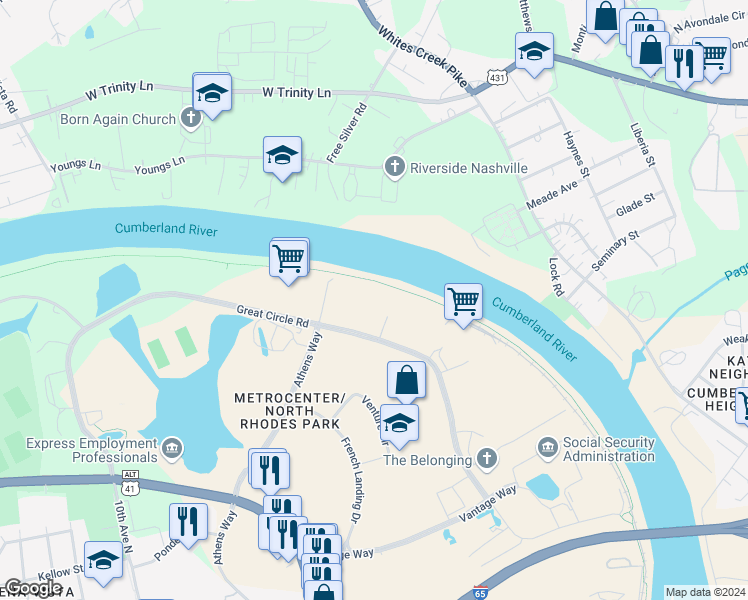 map of restaurants, bars, coffee shops, grocery stores, and more near 341 Great Circle Road in Nashville