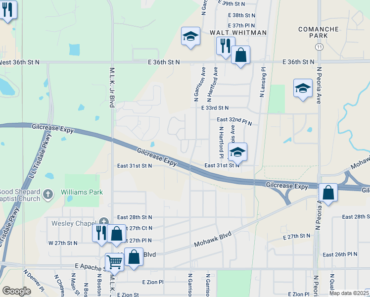 map of restaurants, bars, coffee shops, grocery stores, and more near 3115 North Garrison Avenue in Tulsa