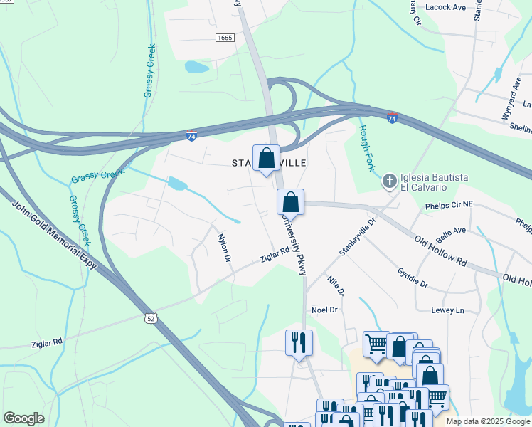 map of restaurants, bars, coffee shops, grocery stores, and more near 5725 Virginia Lake Road in Winston-Salem