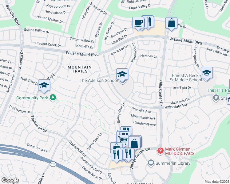 map of restaurants, bars, coffee shops, grocery stores, and more near 2120 Crestline Falls Place in Las Vegas