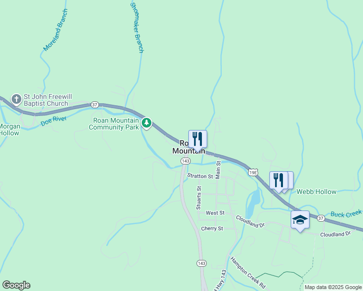 map of restaurants, bars, coffee shops, grocery stores, and more near 146 Carter Street in Roan Mountain