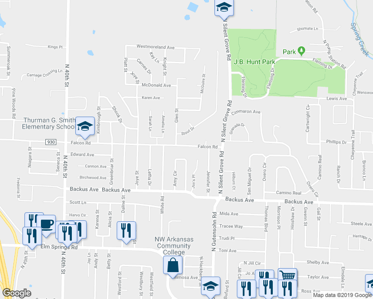 map of restaurants, bars, coffee shops, grocery stores, and more near 2905 Falcon Road in Springdale