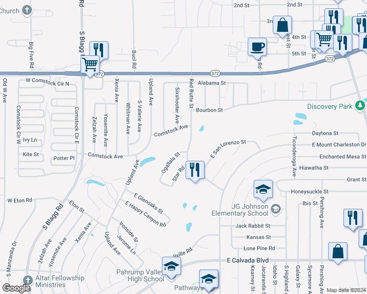 map of restaurants, bars, coffee shops, grocery stores, and more near 1360 Ogallala Street in Pahrump