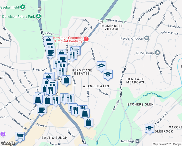 map of restaurants, bars, coffee shops, grocery stores, and more near 304 Tyler Drive in Nashville