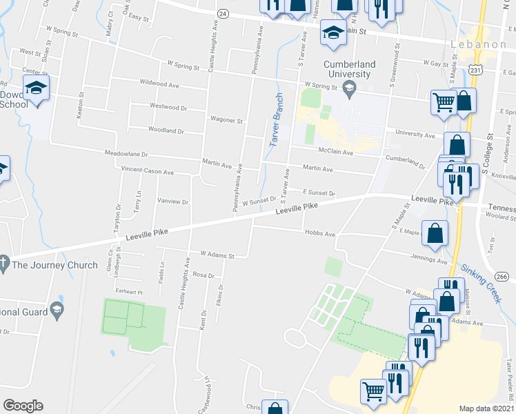 map of restaurants, bars, coffee shops, grocery stores, and more near 510 West Sunset Drive in Lebanon