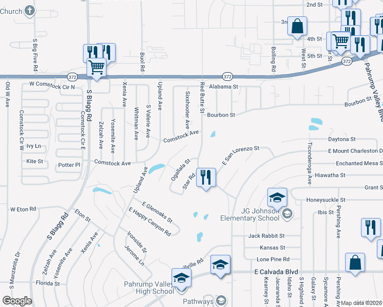 map of restaurants, bars, coffee shops, grocery stores, and more near 1370 Ogallala Street in Pahrump