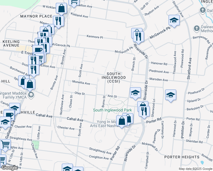 map of restaurants, bars, coffee shops, grocery stores, and more near 2303 Burns Street in Nashville
