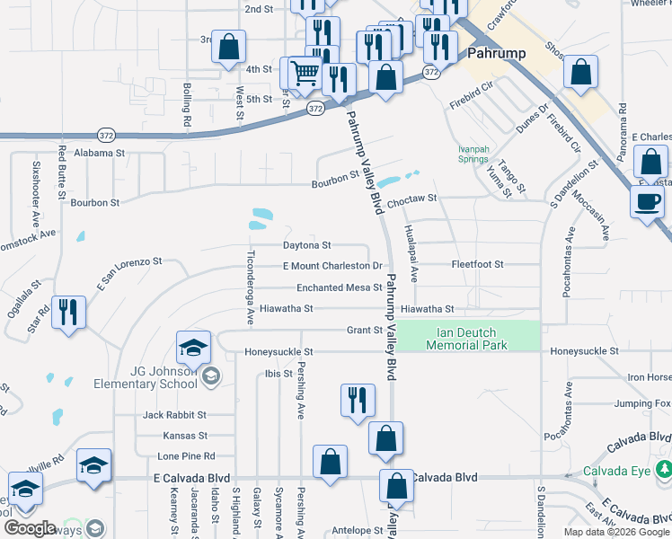 map of restaurants, bars, coffee shops, grocery stores, and more near 3824 Mount Charleston Drive in Pahrump