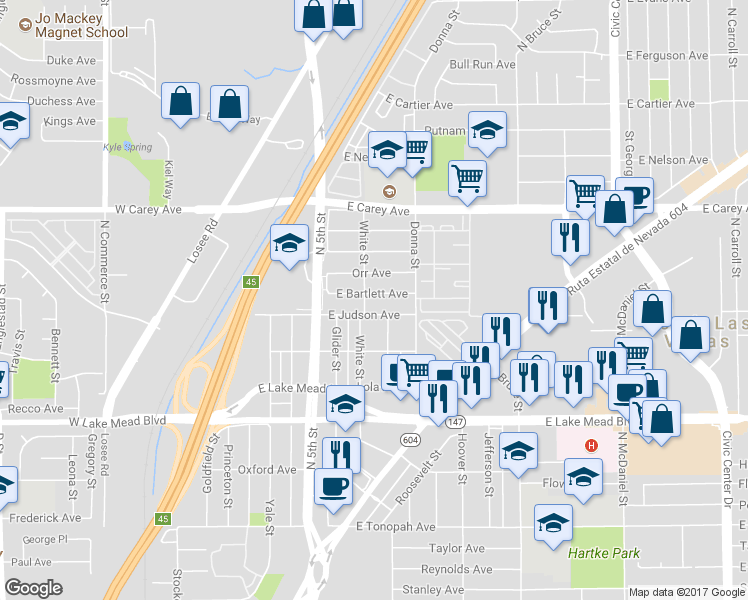 map of restaurants, bars, coffee shops, grocery stores, and more near 705 East Bartlett Avenue in North Las Vegas