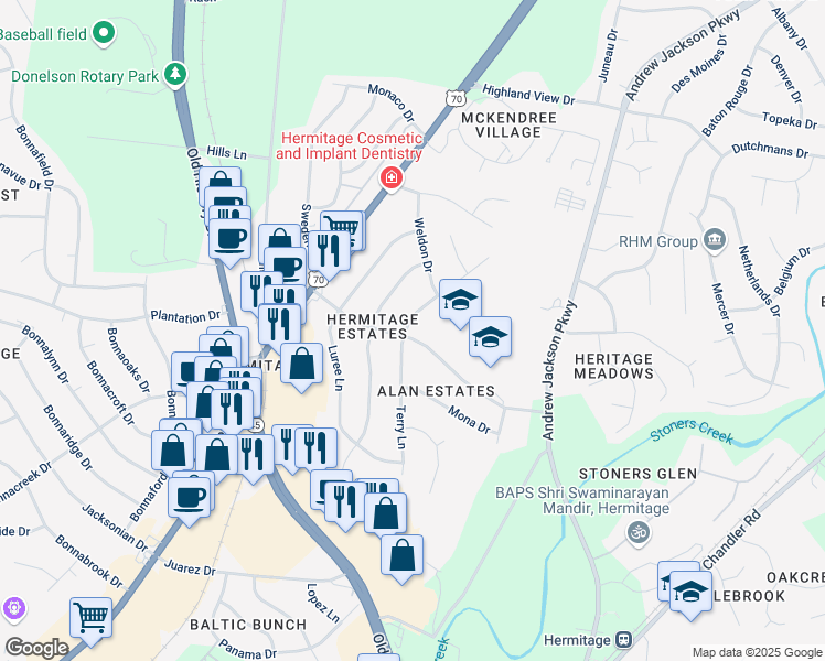 map of restaurants, bars, coffee shops, grocery stores, and more near 8300 Terry Lane in Nashville