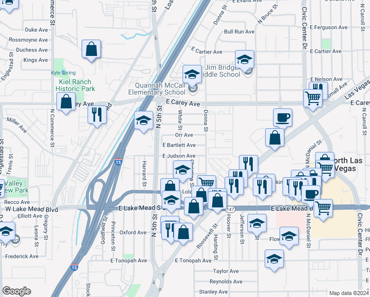 map of restaurants, bars, coffee shops, grocery stores, and more near 705 East Bartlett Avenue in North Las Vegas