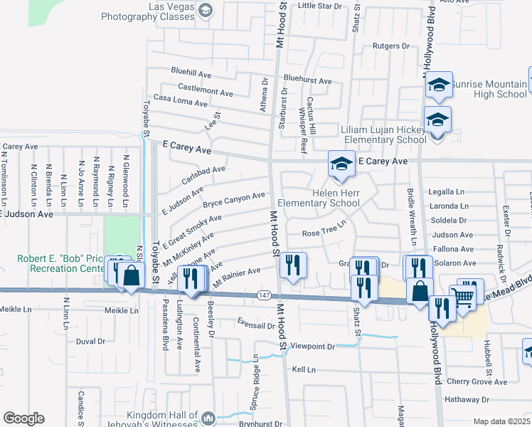 map of restaurants, bars, coffee shops, grocery stores, and more near 6271 East Great Smoky Avenue in Las Vegas