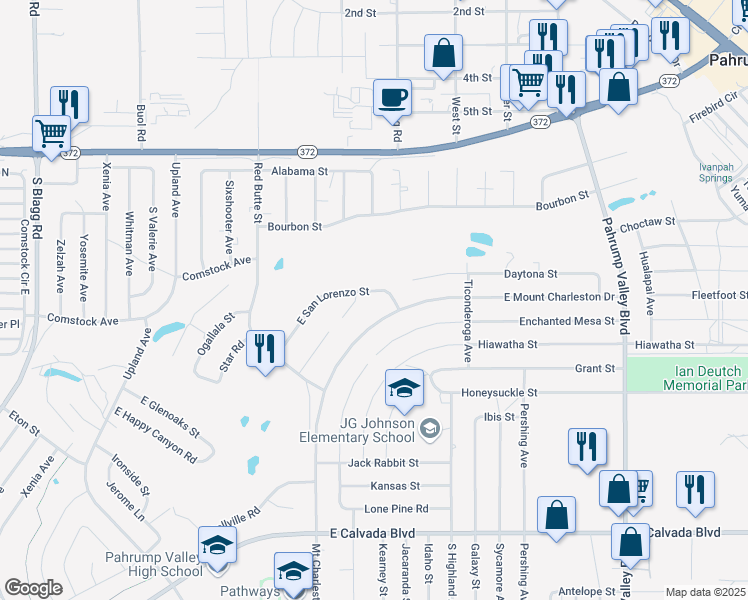 map of restaurants, bars, coffee shops, grocery stores, and more near 801 San Lorenzo Street in Pahrump