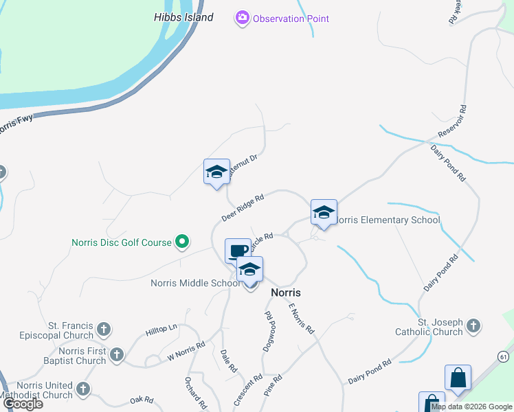 map of restaurants, bars, coffee shops, grocery stores, and more near 44 Deer Ridge Road in Norris