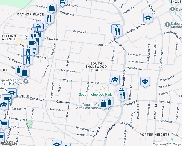 map of restaurants, bars, coffee shops, grocery stores, and more near 2305 Burns Street in Nashville