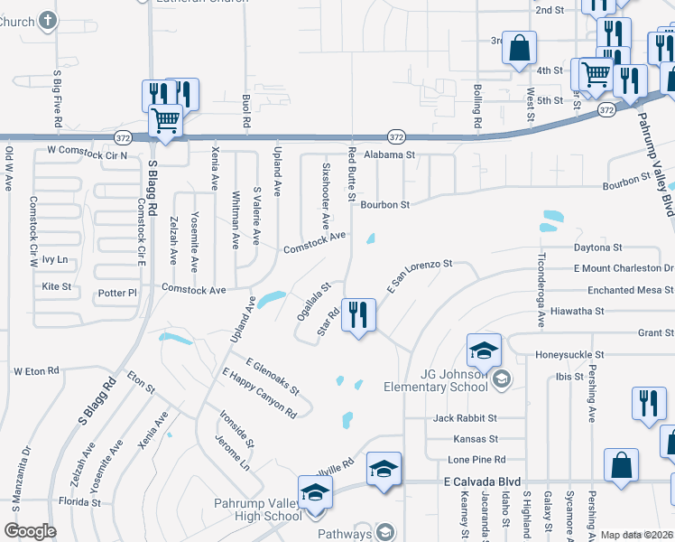 map of restaurants, bars, coffee shops, grocery stores, and more near 1360 Ogallala Street in Pahrump
