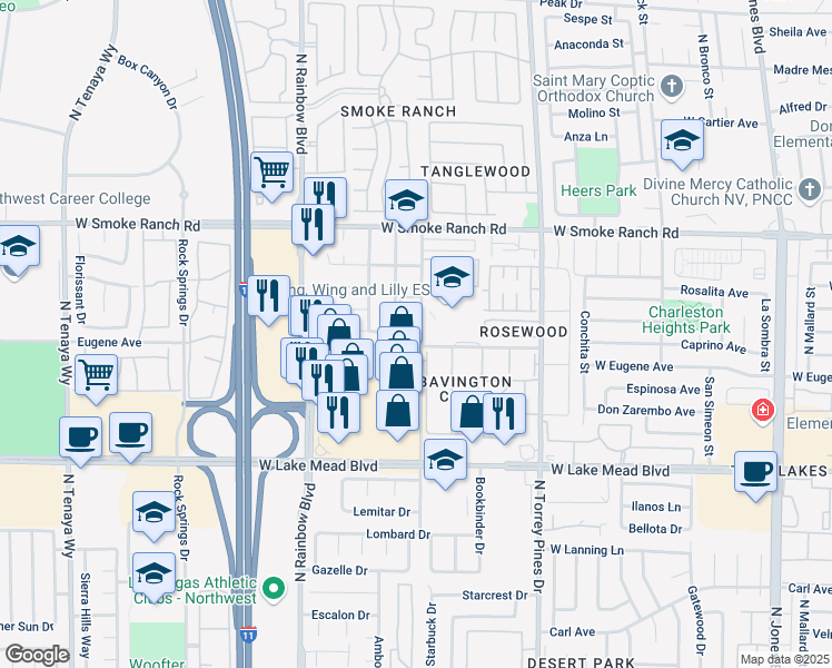 map of restaurants, bars, coffee shops, grocery stores, and more near 2201 James Bilbray Drive in Las Vegas