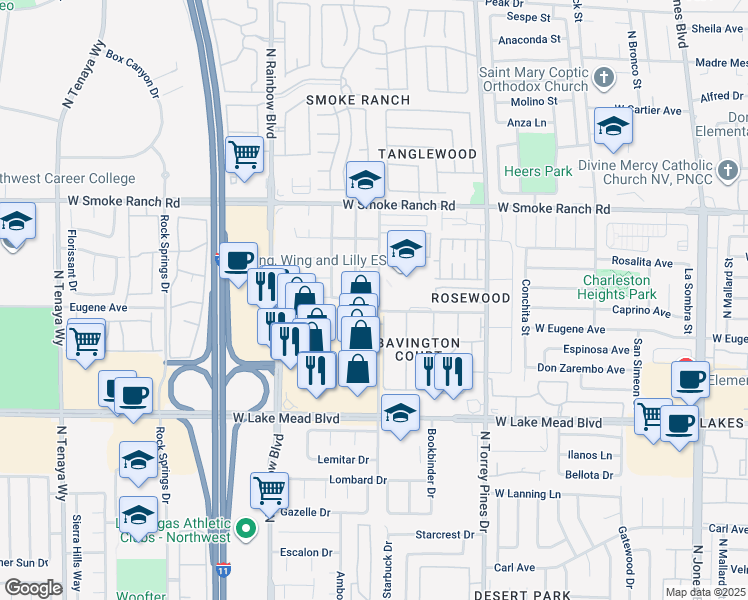 map of restaurants, bars, coffee shops, grocery stores, and more near 2201 James Bilbray Drive in Las Vegas