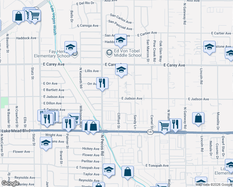 map of restaurants, bars, coffee shops, grocery stores, and more near 2215 Clifford Street in Las Vegas