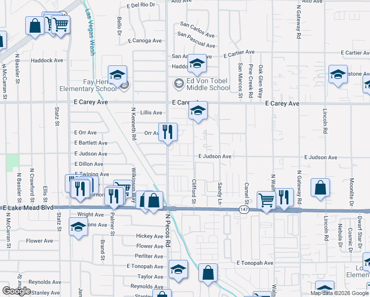 map of restaurants, bars, coffee shops, grocery stores, and more near 2215 Clifford Street in Las Vegas